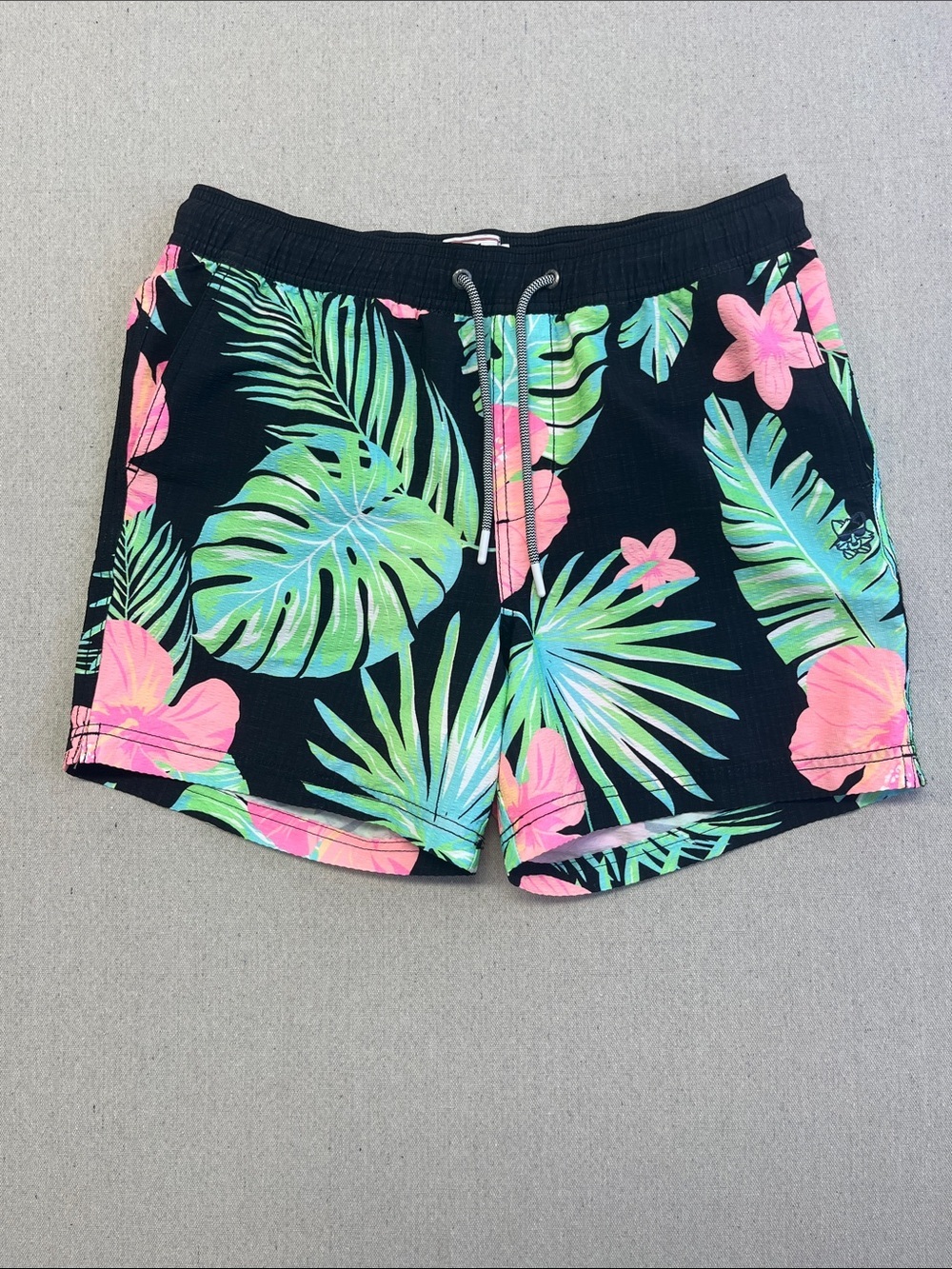 Party Pants Tropical Floral Swim Trunks Black Pink Medium Shorts